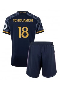 Real Madrid Aurelien Tchouameni #18 Jalkapallovaatteet Lasten Vieraspeliasu 2023-24 Lyhythihainen (+ Lyhyet housut)